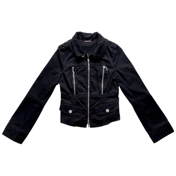 Womens Guess by Marciano Biker Jacket Full Zip Cropped Black Silver Size Small - Picture 2 of 6